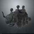 Three Tiny Human Figures Sitting On Shaggy Horned Creature Back Sculpture