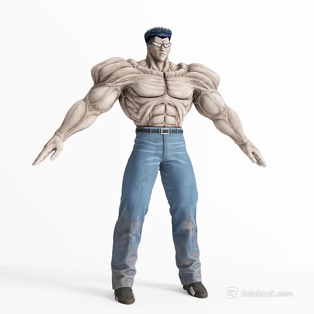 Muscular Game and Movie Character With Shirtless Torso Blue Jeans and Glasses 3d model 