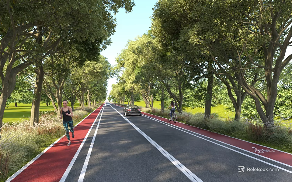 Tree Lined Road Infrastructure With Red Lanes Greenery Car And Runners 3d model 
