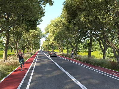 Tree Lined Road Infrastructure With Red Lanes Greenery Car And Runners 3d model