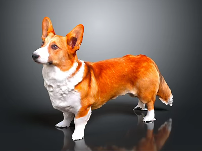 Orange and white Corgi standing on gray background with shiny floor reflection 3d model