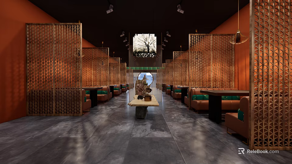 Modern Restaurant Interior With Lattice Screens Orange Walls Dark Floor Central Display And Seating Areas 3d model 