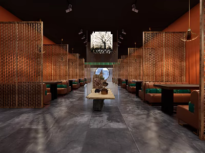 Modern Restaurant Interior With Lattice Screens Orange Walls Dark Floor Central Display And Seating Areas 3d model