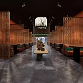 Modern Restaurant Interior With Lattice Screens Orange Walls Dark Floor Central Display And Seating Areas