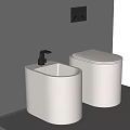 White Modern Toilet In Minimalist Bathroom Interior With White Washbasin And Black Faucet