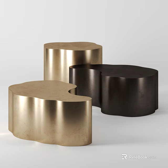 Three Gold and Black Curved Irregular Shaped Shiny Metallic Stools 3d model 