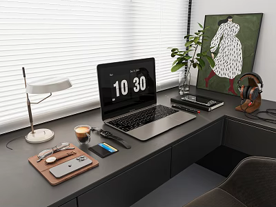 Modern Desk Setup With Laptop Table Lamp Coffee Cup And Green Plant 3d model