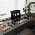 Modern Desk Setup With Laptop Table Lamp Coffee Cup And Green Plant