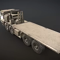 Khaki Military Truck With Large Tires Flatbed Trailer And Spare Tire On Roof