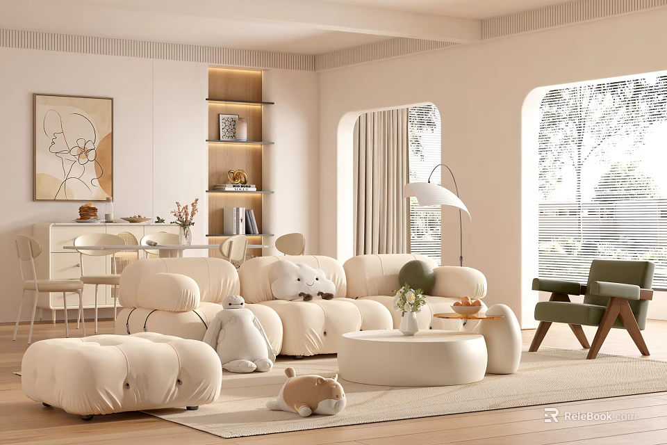 Cozy Living Dining Room Interior With Beige Sofa Round Coffee Table And Green Plant 3d model 