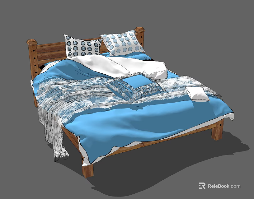 Comfortable Double Bed With Wooden Frame Blue Bedding And Patterned Pillows 3d model