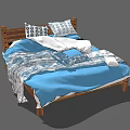Comfortable Double Bed With Wooden Frame Blue Bedding And Patterned Pillows 3d model