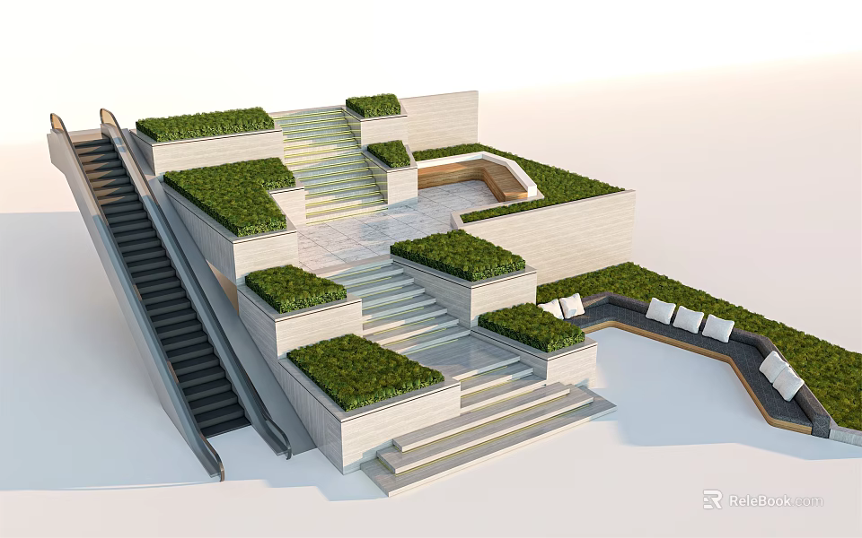 Elegant Modern Staircase Design With Greenery Covered Steps And White Stone Platforms 3d model 