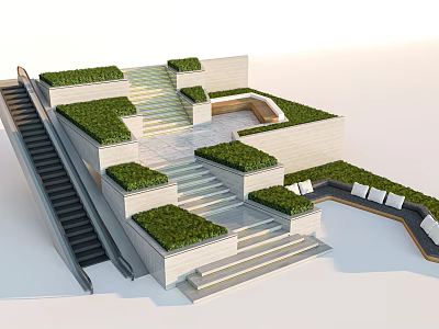 Elegant Modern Staircase Design With Greenery Covered Steps And White Stone Platforms 3d model