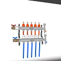 Industrial Plumbing Manifold System with Multiple Valves Metal Frame Blue Pipes and Pressure Gauge