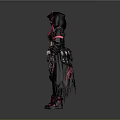 Woman With Pink Hair And Horned Headdress In Black Red Gothic Outfit Holding Skull Accessory