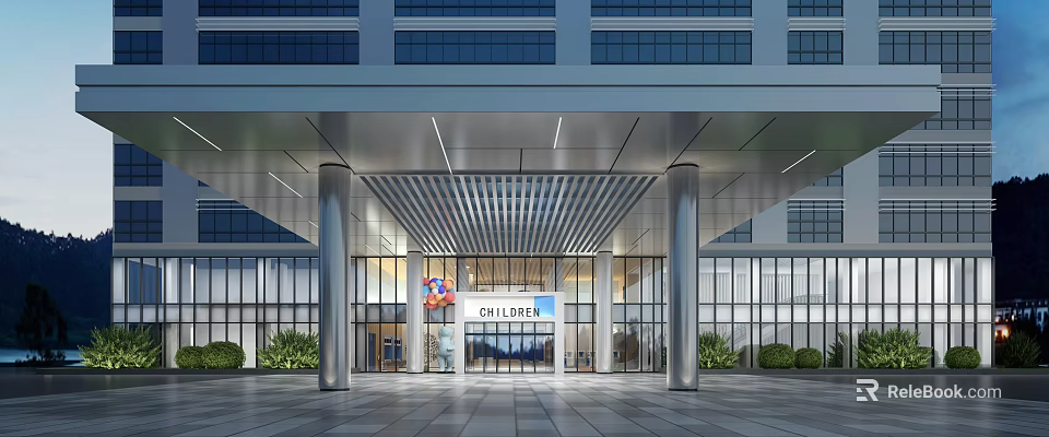 CHILL LOFT Main Entrance Gate Featuring Glass Curtain Walls Metal Sunshade Columns And Greenery 3d model 