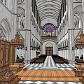 Grand Church Interior Featuring Arched Architecture Wooden Benches And Checkerboard Floor