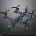 Detailed Space and Aerospace Aircraft Model Featuring Four Propellers Gray Body Red Insignias And Cockpit