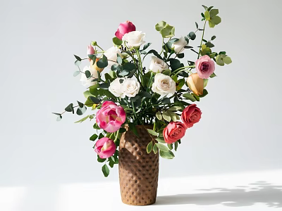 Decorative Ornament Set With Ceramic Textured Vase And Mixed Pink White Red Flowers Green Leaves 3d model