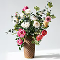 Decorative Ornament Set With Ceramic Textured Vase And Mixed Pink White Red Flowers Green Leaves