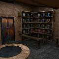 Cartoon Scene with Adobe Walls Wooden Roof Cooking Stove Water Vat and Red Chili Strings
