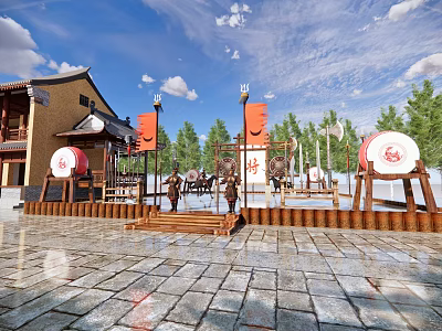 Traditional Chinese Garden Landscape With Traditional Architecture Red Banners Large Drums Stone Square Green Trees 3d model