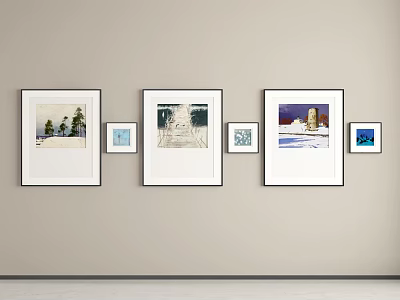 Framed Artwork Gallery Wall Arrangement With Large And Small Paintings On Neutral Wall 3d model