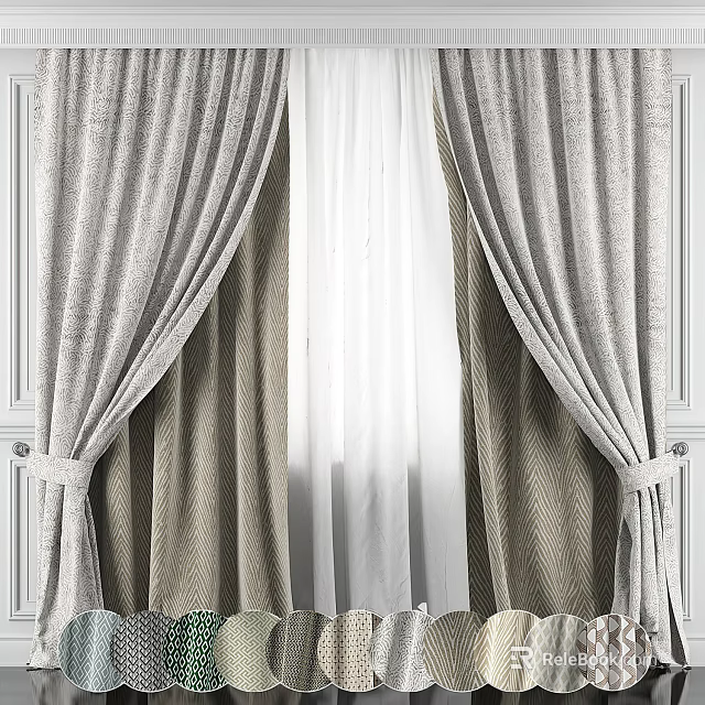 Elegant Gray Linen Curtains With Double Layer Design And Tiebacks For Home Window 3d model 