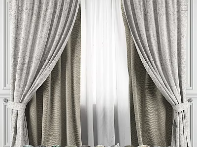 Elegant Gray Linen Curtains With Double Layer Design And Tiebacks For Home Window 3d model