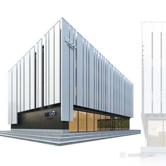 Modern Commercial Complex Architectural Design With White Striped Facade And Glass Entrance 3d model 