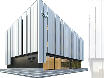 Modern Commercial Complex Architectural Design With White Striped Facade And Glass Entrance 3d model