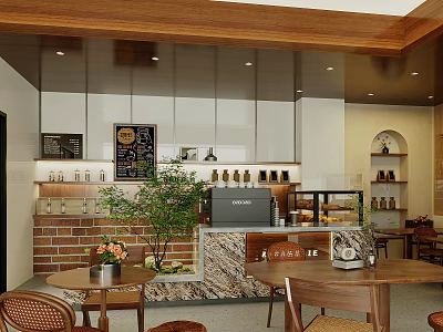 Bubble Tea Shop Modern Interior With Marble Counter Wooden Furniture Green Plants And Open Design 3d model