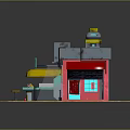 Cartoon Scene Colorful 3D Model With Green Yellow Red Gray Structures And Mechanical Platform
