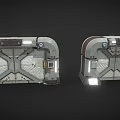 Futuristic Metal Double Swing Door With Geometric Patterns And Illuminated Panels