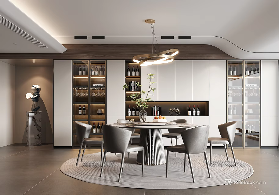Elegant Restaurant Interior Featuring Round Dining Table Grey Chairs Wine Cabinets And Pendant Light 3d model