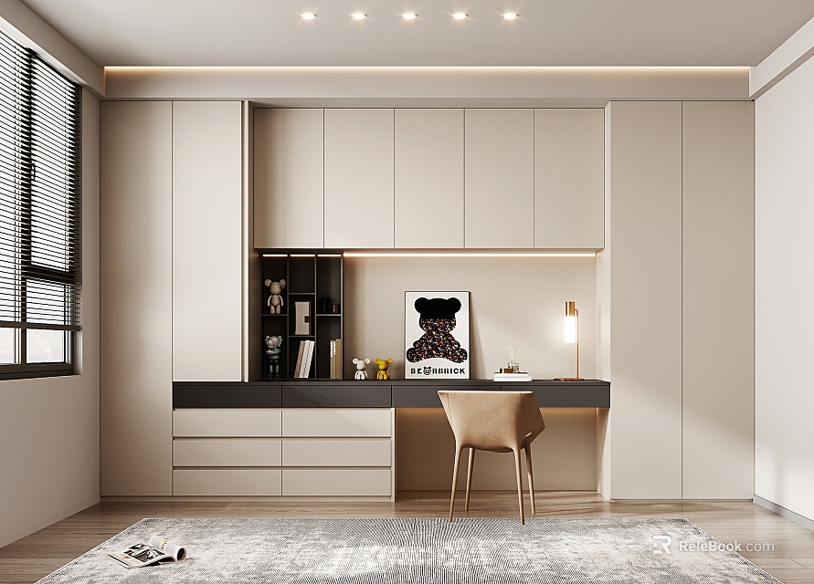 Modern Dressing Table With Light-colored Cabinets Black Open Shelf Lamp Decorative Painting And Beige Chair 3d model 