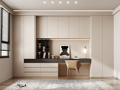 Modern Dressing Table With Light-colored Cabinets Black Open Shelf Lamp Decorative Painting And Beige Chair 3d model