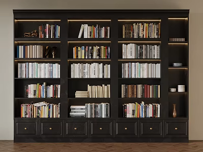Dark Wooden Bookshelf With Multiple Shelves Filled With Various Books And Decorative Items 3d model