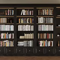 Dark Wooden Bookshelf With Multiple Shelves Filled With Various Books And Decorative Items