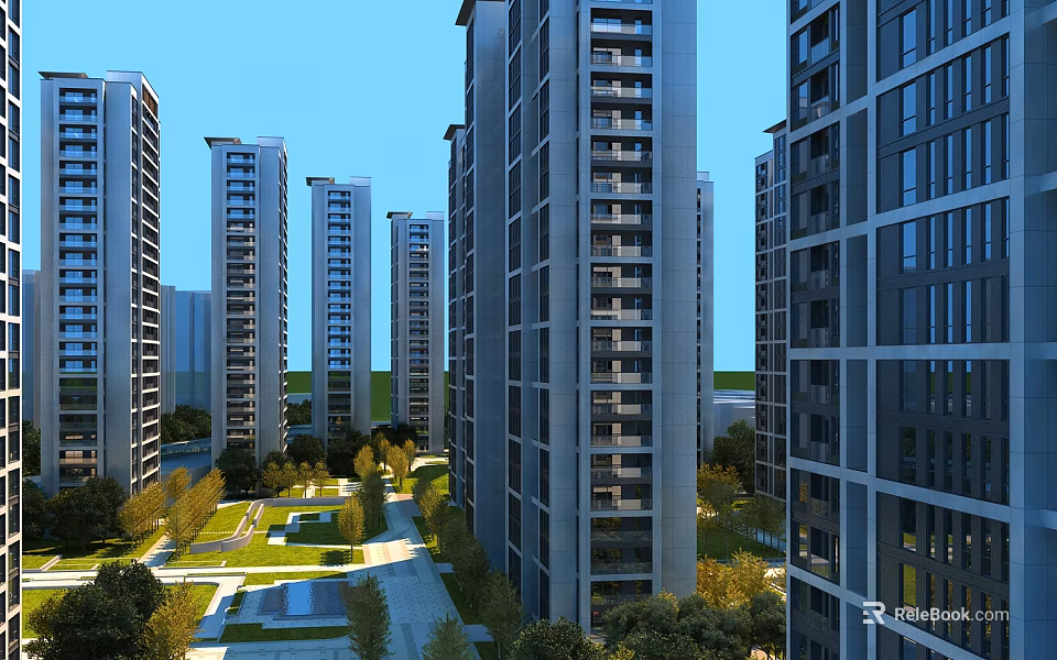 Modern High Rise Residential Buildings with Landscaped Gardens and Walking Paths 3d model 