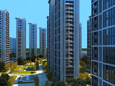 Modern High Rise Residential Buildings with Landscaped Gardens and Walking Paths 3d model