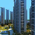 Modern High Rise Residential Buildings with Landscaped Gardens and Walking Paths