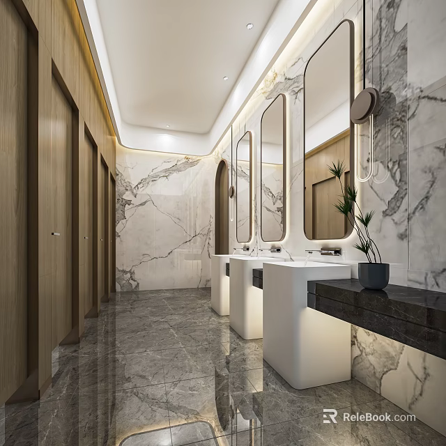 Modern Public Restroom Interior With Marble Walls Mirrors And Washbasins 3d model 