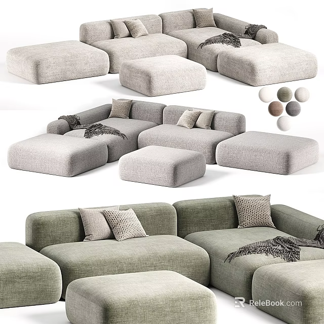 Modern Sectional Sofa with Soft Fabric Cushions Ottoman and Multiple Color Options 3d model 