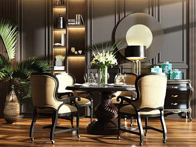 Elegant Dining Table Set With Beige Chairs Decorative Mirror And Potted Plant 3d model