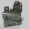 Green Stacked Storage Boxes With Electronic Devices And Screen