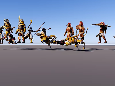Men In Ancient Warrior Outfits Holding Weapons In Dynamic Battle Stances 3d model