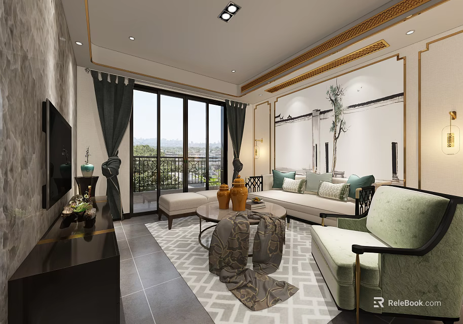 Elegant Modern Living Room With Sofa Armchair Coffee Table Dark Green Curtains And Geometric Rug 3d model 