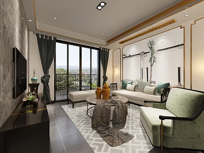 Elegant Modern Living Room With Sofa Armchair Coffee Table Dark Green Curtains And Geometric Rug 3d model